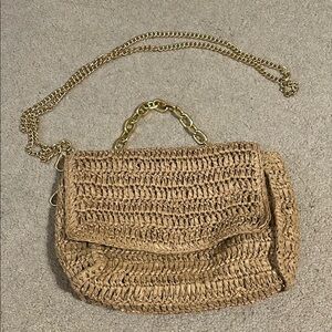Tan Woven Shoulder Bag with Gold Chain